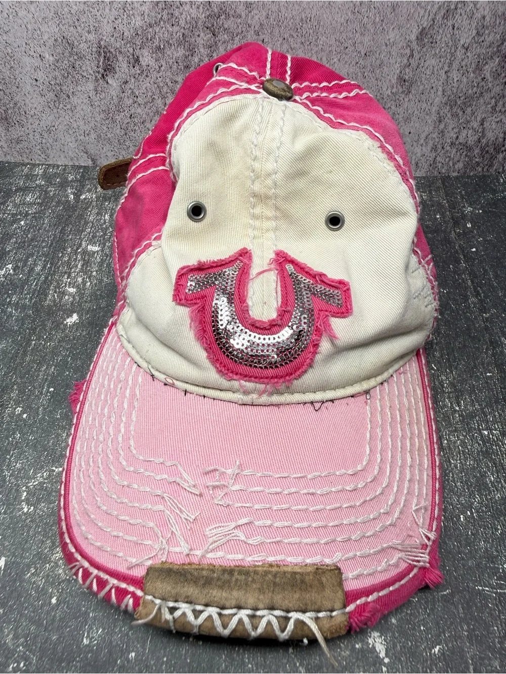 Vintage True Religion Distressed Embroidered Horseshoe Logo  Cap One Size